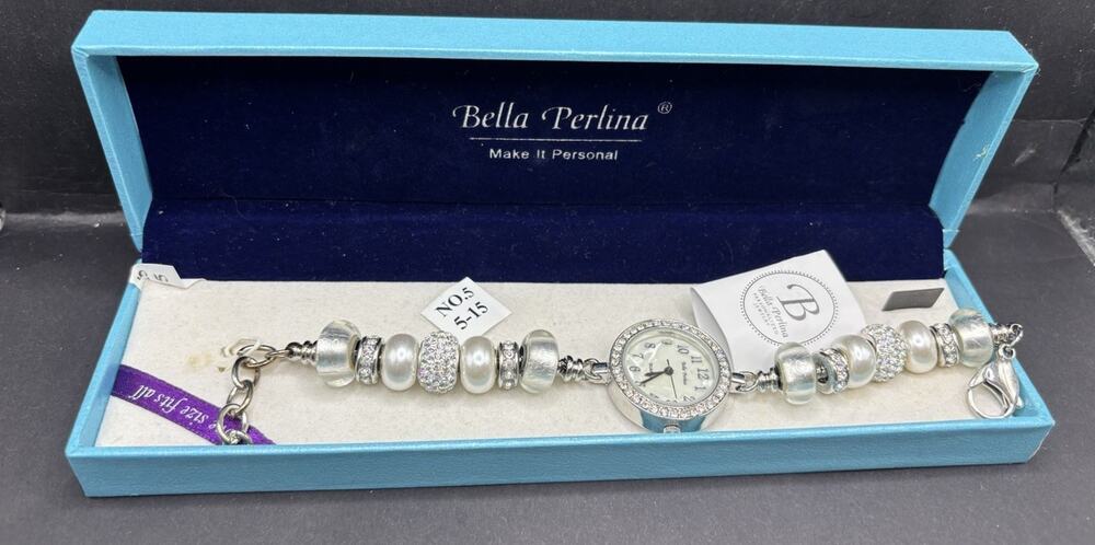 Bella Perlina Women's Quartz Analog Beaded Bracelet Watch New In Box -White Dial